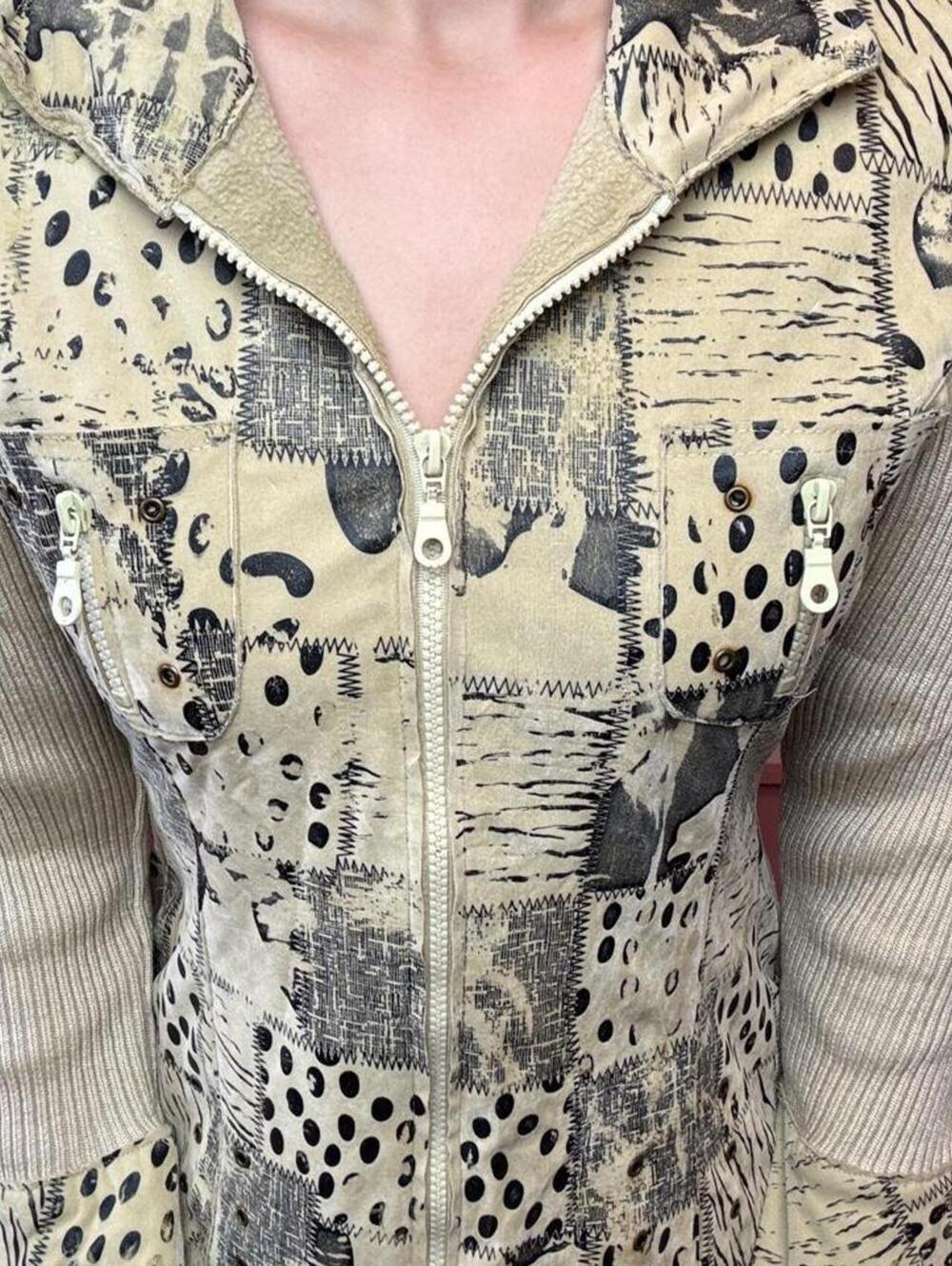 animal patchwork jacket cream black bell sleeves early 2000s vintage y2k - Picture 3 of 8